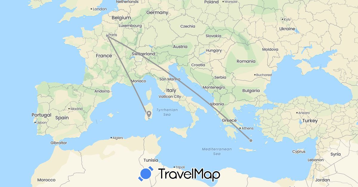 TravelMap itinerary: driving, plane in France, Greece, Italy (Europe)